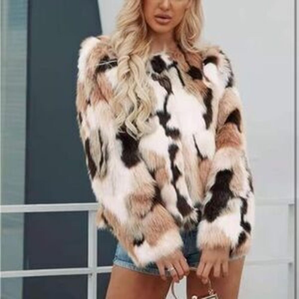 Faux Fur Coat Women tie dye Jacket Shaggy Outwear Long Sleeve Warm Winter - Picture 2 of 5